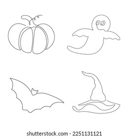 Halloween set drawn in one continuous line. One line drawing, minimalism. Vector illustration.