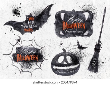 Halloween set, drawn symbols pumpkin, broom, bat, spider webs, lettering and stylized drawing in vintage style