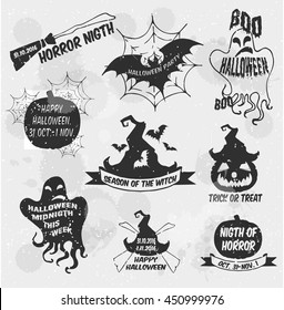 Halloween set, drawn Halloween symbols pumpkin, broom, bat, spider webs, lettering and stylized drawing in vintage style