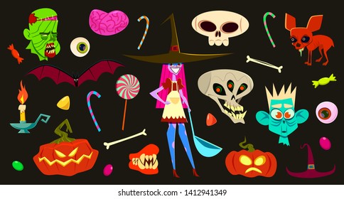 Halloween set of elements. Cartoon flat style illustration.