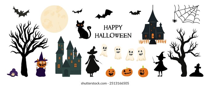 Halloween set of elements with castle, witch, bat, cat and tree. Collection of halloween elements  for holiday design