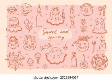 Halloween set of elements in coquette style. Autumn line art trendy whimsical collection. Fall stickers with ghosts and pumpkins isolated on pink background. Vector hand drawn illustration