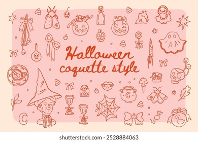 Conjunto de Elementos de Halloween en estilo coqueta. Línea de otoño arte de moda caprichoso Clip arte colección. Pegatinas de otoño aisladas sobre fondo rosa. Vector dibujado a mano ilustración