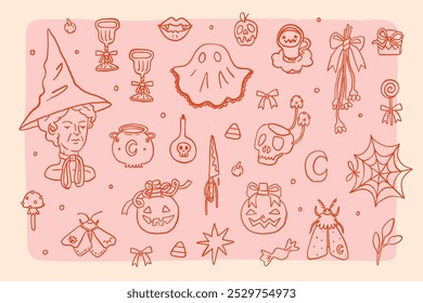 Conjunto de Elementos de Halloween en estilo coqueta. Línea de otoño arte de moda caprichoso Clip arte colección. Pegatinas de otoño aisladas sobre fondo rosa. Vector dibujado a mano ilustración