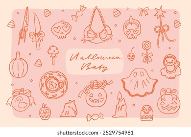 Conjunto de Elementos de Halloween en estilo coqueta. Línea de otoño arte de moda caprichoso Clip arte colección. Pegatinas de otoño aisladas sobre fondo rosa. Vector dibujado a mano ilustración