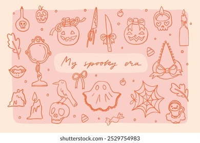 Conjunto de Elementos de Halloween en estilo coqueta. Línea de otoño arte de moda caprichoso Clip arte colección. Pegatinas de otoño aisladas sobre fondo rosa. Vector dibujado a mano ilustración