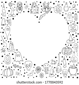 Halloween. Set with elements for Halloween. Doodle style.  Printing on posters. Autumn set for Halloween. Bat,Potion, pumpkins, dolls, balloon, candles, spider web, broom on a white background.