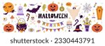 Halloween set of elements, ghost, pumpkin and bat. Vector is cute illustration in hand drawn style