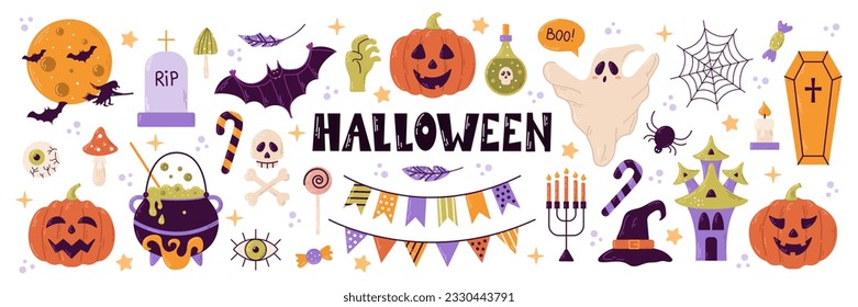 Halloween set of elements, ghost, pumpkin and bat. Vector is cute illustration in hand drawn style