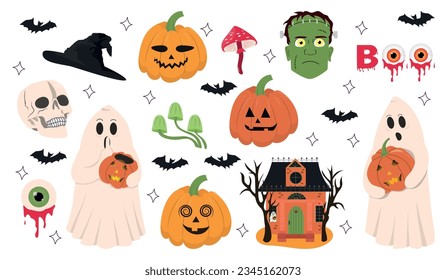 Halloween set of elements: ghost, pumpkin, frankenstein, skull and bat. Hand drawn collection. Vector illustration.