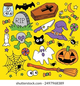 Halloween set of elements, ghost, pumpkin and bat. Vector is cute illustration in hand drawn style