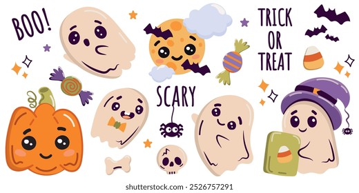 Halloween set of elements, ghost, pumpkin and bat. Childish print for card, stickers, party invitations and apparel. Cute vector illustration in hand drawn style	