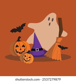 Halloween set of elements, ghost,broom, pumpkin and bat. cute Halloween vector 