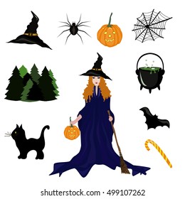 halloween set elements hat, witch, pumpkin, cat, spider