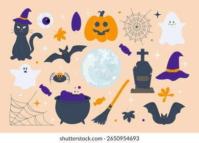 Halloween set of elements. Pumpkin, cat, ghosts, cobwebs, bats. Vector illustration.
