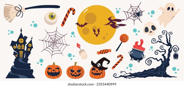 Halloween set of elements with pumpkin, eye, moon, bat, ghost. Vectore illustration