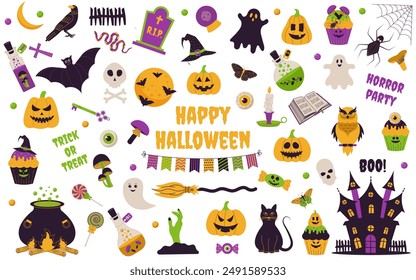 Halloween. Set of Halloween elements:  pumpkins, castle, candle, bat, candy, ghost, grave,  skull, spider, cat, scary,  hat,  moon,  pot, crow, fence,  cupcake, spiderweb, eye, poison, owl, book.