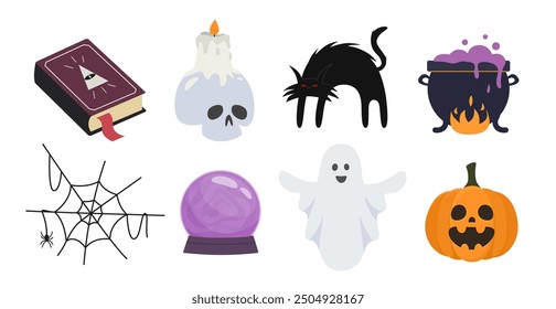 Halloween set elements and things. Vector objects of magic elements collection, pumpkin, spider web, skull, cauldron, magic ball, ghost, book isolated on background.