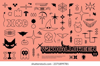 Halloween set of elements in Y2K style on orange background. Vector icons in digital style.