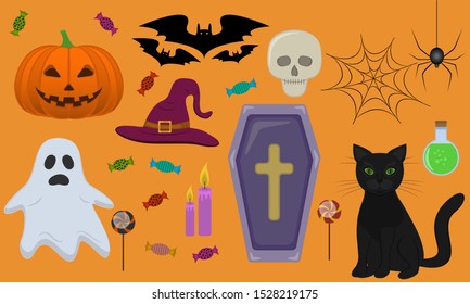 Halloween set. Elements-sweets, pumpkin, bats, ghost, candles, hat, skull, coffin, spider, cobweb, black cat, poison.