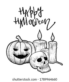 Halloween set, engraving style, vector