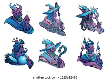 Halloween set with fairy tale characters on a white background. Cartoon style. Vector.