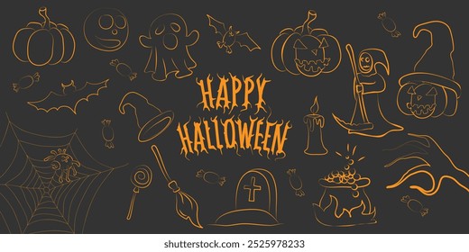 Um conjunto de Halloween com abóbora, fantasma, vassoura, túmulo, morte, vela, teia de aranha, poção, doces, chapéu, morcego, com texto de "Feliz Halloween" em um fundo escuro.