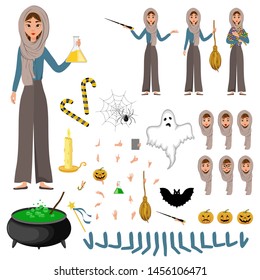 Halloween set of female characters. Girl with holiday attributes in her hands. Vector illustration