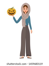 Halloween set of female characters. Girl with pumpkin in her hands. Vector illustration