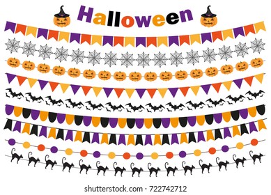 Halloween set of festive decorations flags, bunting, garland. Collection of elements for your design. Isolated on white background. Vector illustration