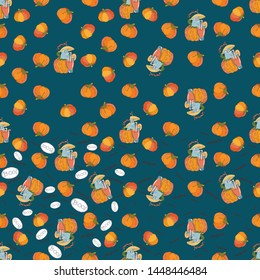 Halloween A set of festive patterns for packaging, wallpaper, pumpkin, in the form of a cheerful monster, drinking from a glass.