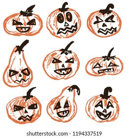 Halloween. A set of festive pumpkins. Vector illustration. A collection of funny faces. Autumn holidays. Fun, children