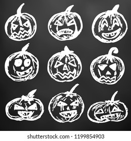 Halloween. A set of festive pumpkins. White chalk on a blackboard. A collection of funny faces. Autumn holidays. Fun