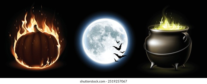 Halloween set. Flaming pumpkin, moon and pot on black background. Realistic illustration.