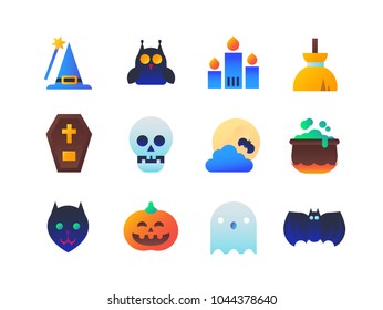 Halloween - set of flat design style icons isolated on white background. High quality collection of witches hat, owl, candle, broom, bat, cat, pumpkin, ghost, skull, full moon, cauldron, vampire grave