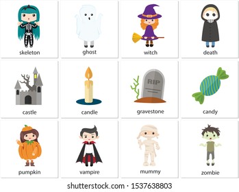 Halloween set of flat icons. Cards with English words