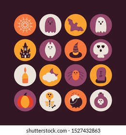 Halloween set Flat style icons. Retro Collection of paper party symbols. Cute Halloween scary ghost, pumpkin, haunted house, bat, tomb, skull, spider net, evil. Funny characters. Vector Illustration