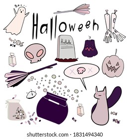 Halloween set flat vector illustration. Magic elements witches cauldron with potion, broom in pastel colors. Cartoon characters ghost, cat and skull.