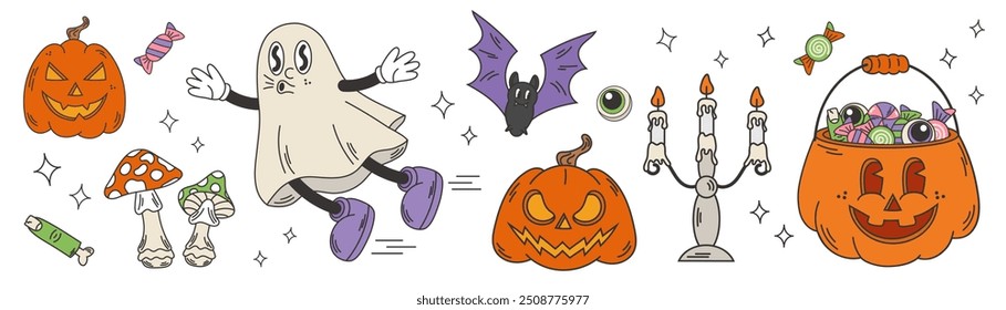 Halloween set with flying Ghost, Pumpkins, bats. Cartoon retro style. Modern vector illustration.