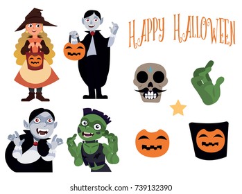 Halloween set with four characters Witch, Vampire and Zombie in cartoon vector style and decoration. Halloween elements