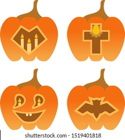 Halloween set of four gradient orange pumpkins with cut out drawings: heart and three candles inside, cross and a light bulb, a smiling face and candles, a bat, vector graphics, vector illustration