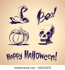 Halloween set with four ink splash illustration: Boo, zombie, pumpkin, three hands