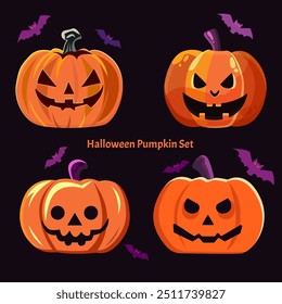 Conjunto de Halloween de cuatro calabazas de miedo naranja sobre fondo oscuro. Ilustración vectorial en estilo plano. Grupo de cuatro calabazas de Halloween para tarjetas, carteles, impresiones. ilustración digital simple plana