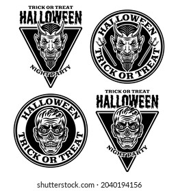 Halloween set of four vector black emblems, badges, labels or logos with devil head and zombie head in vintage style illustration