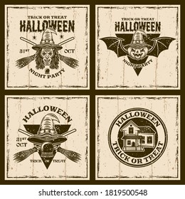 Halloween set of four vector brown emblems, labels, badges or t-shirt prints on background with grunge textures