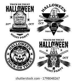 Halloween set of four vector emblems, labels, badges or logos in vintage monochrome style isolated on white background