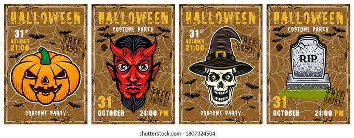 Halloween set of four vector invitation posters in colorful style. Grave, pumpkin, devil, skull of witch