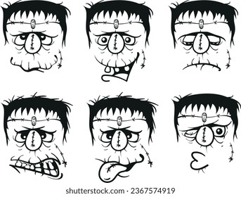 Halloween set of Frankenstein Cartoon Expression. Cover, Label and Packaging Design Set. Vector Illustration. Line art. Sticker design.