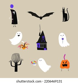 Halloween set with funny illustrations of cat, ghost, pumpkin, death, bat, haunted house and tree monster. Spooky cartoon characters and symbols.