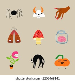 Halloween set with funny illustrations of cat, moth, skull, fly agaric, spider, hand and pumpkin. Spooky cartoon characters and symbols.